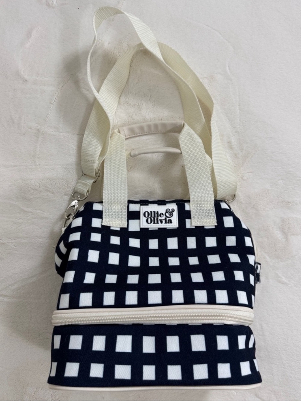 Navy Checkered Insulated Lunch Bag with removable Cream crossbody Strap